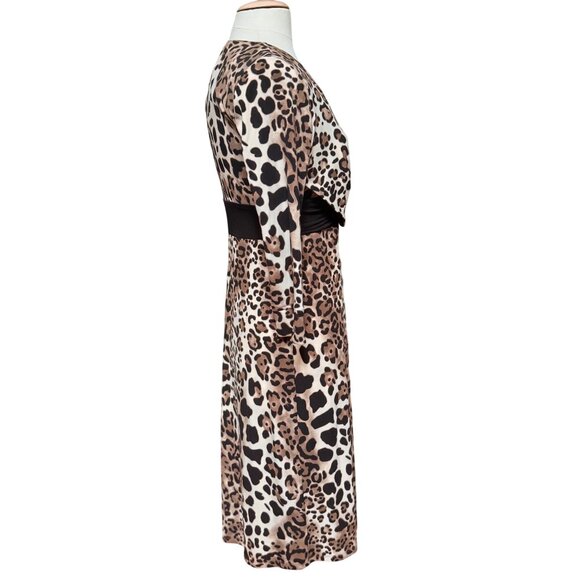 Leopard V Neck Pleat Ruched Contrast Dress Office Siren 3/4 Sleeve Stretch Sz 6 - Picture 3 of 10